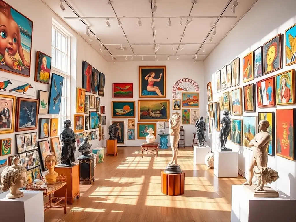 A vibrant gallery space filled with diverse artworks from local artists, with visitors engaging with the pieces.