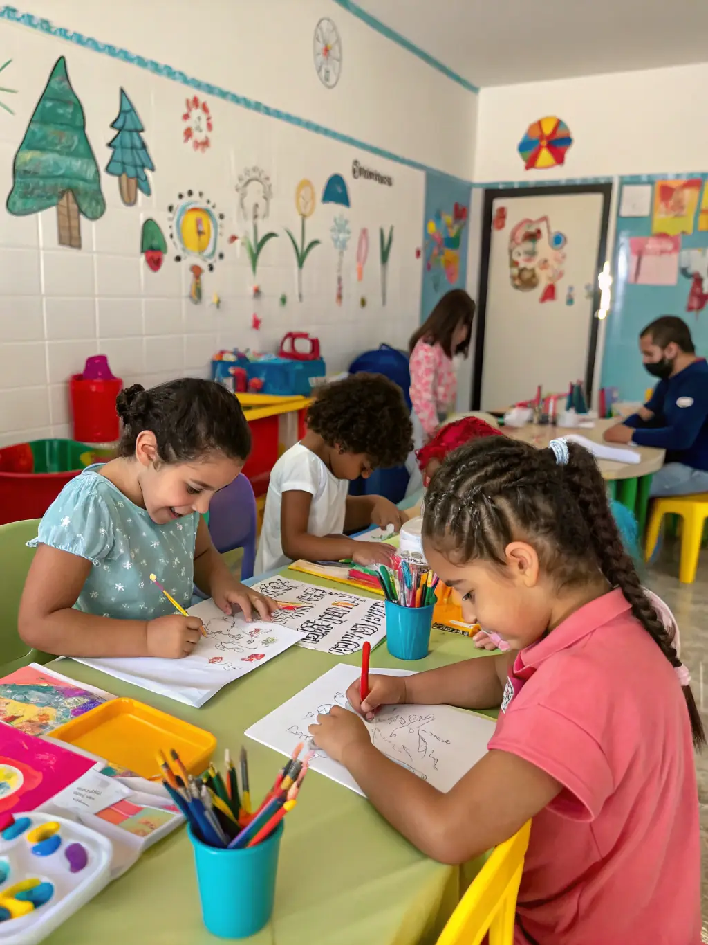 A group of children participating in a hands-on art workshop, learning painting techniques from a professional artist in a bright and creative studio setting.