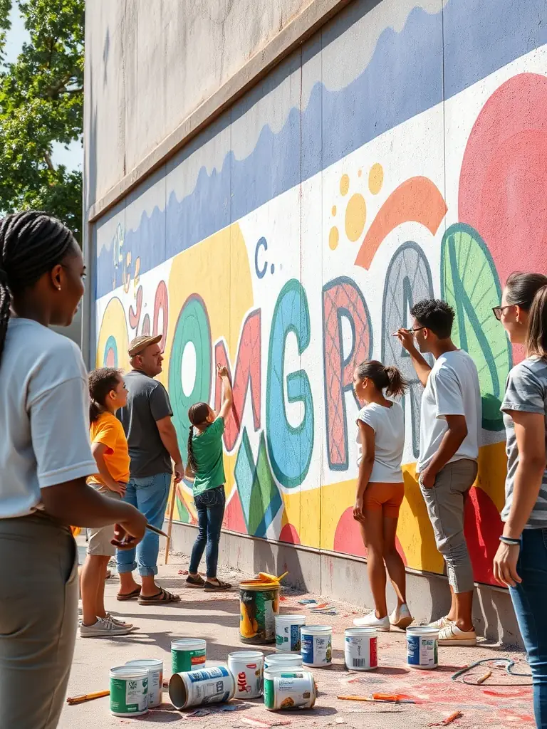 A group of diverse individuals collaborating on a large-scale mural, showcasing community involvement and artistic expression.