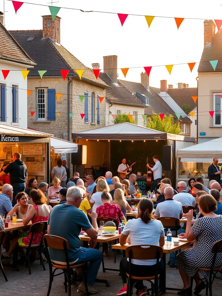 A lively community art festival with art stalls, live music, and food vendors, creating a festive atmosphere in Rivedoux-Plage, with families enjoying the day.