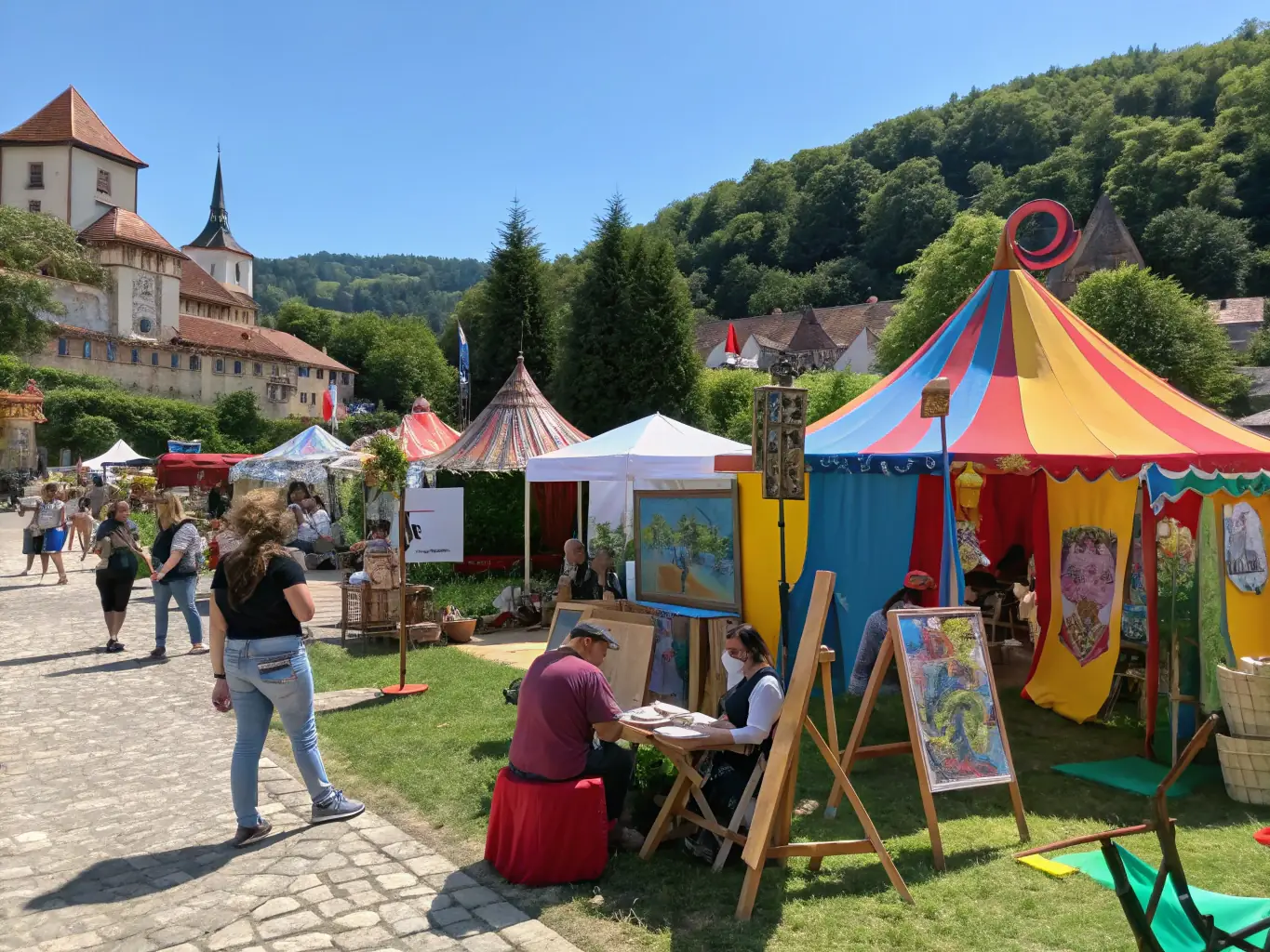 A lively outdoor art festival with performances, stalls, and interactive art installations.