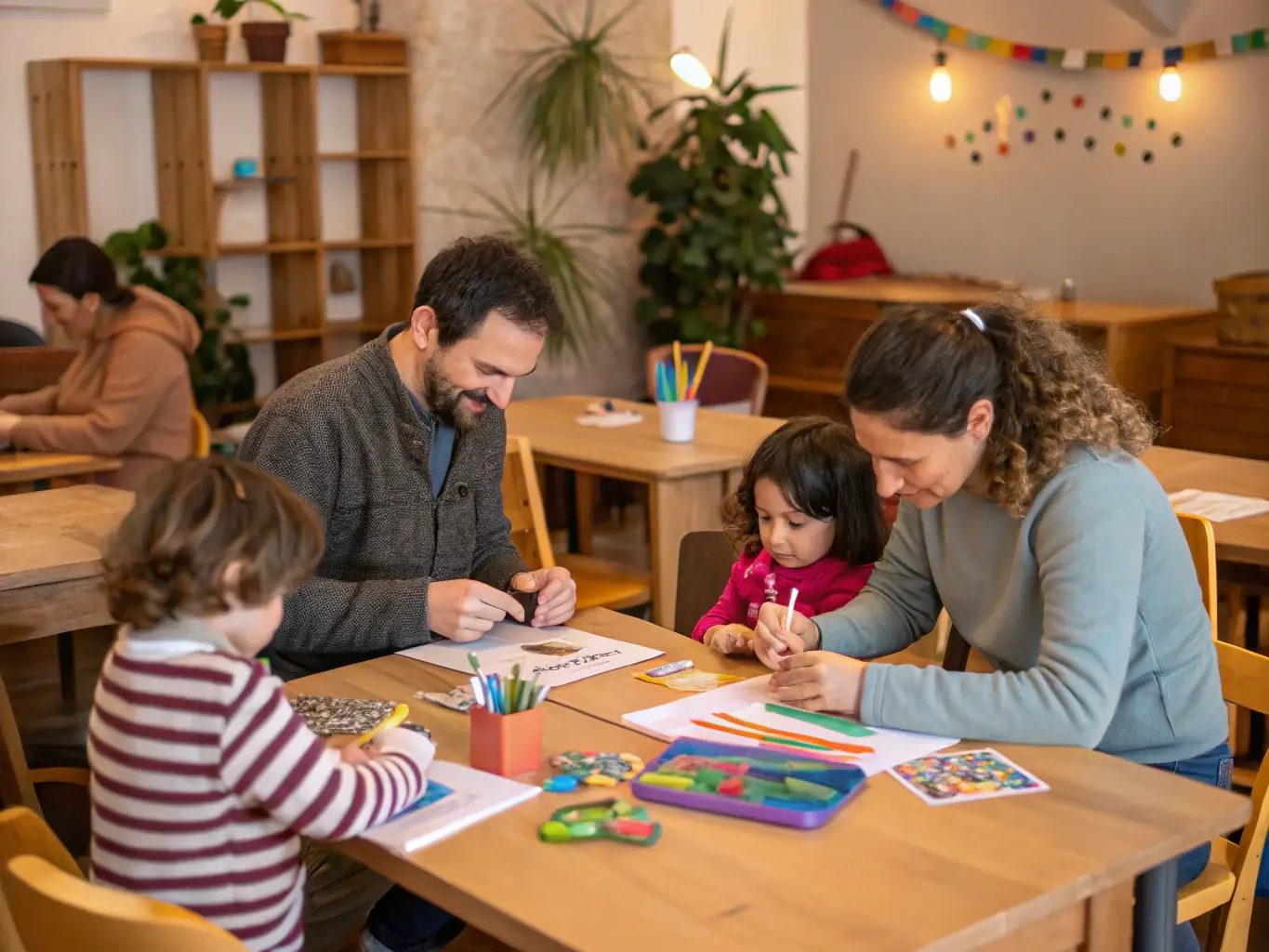 Participants engaged in hands-on art activities in a well-equipped workshop space.