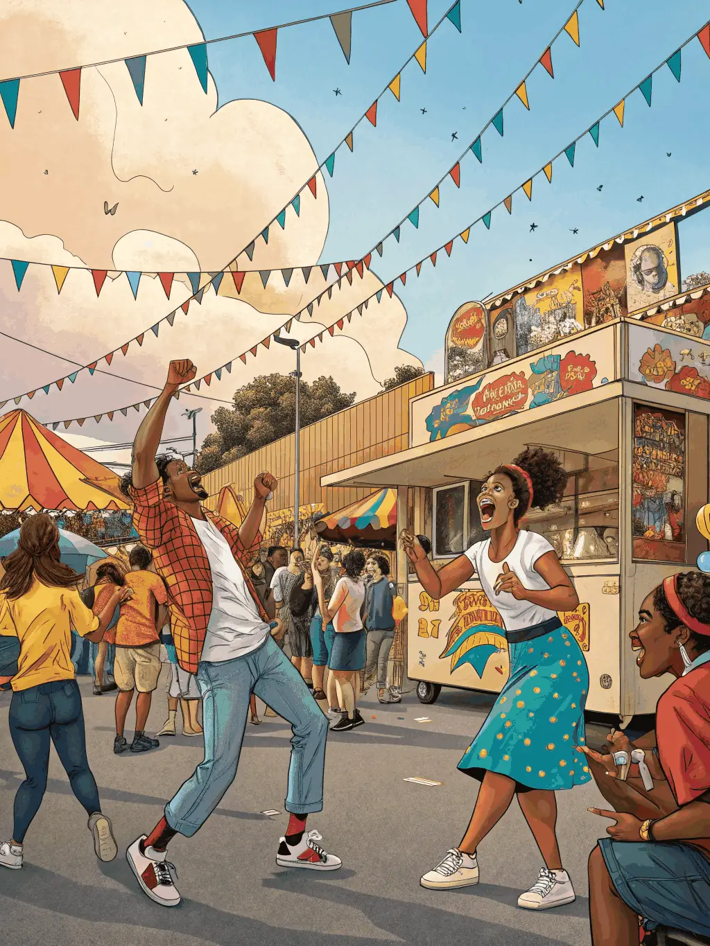 A lively outdoor art festival with performances, stalls, and interactive art installations.