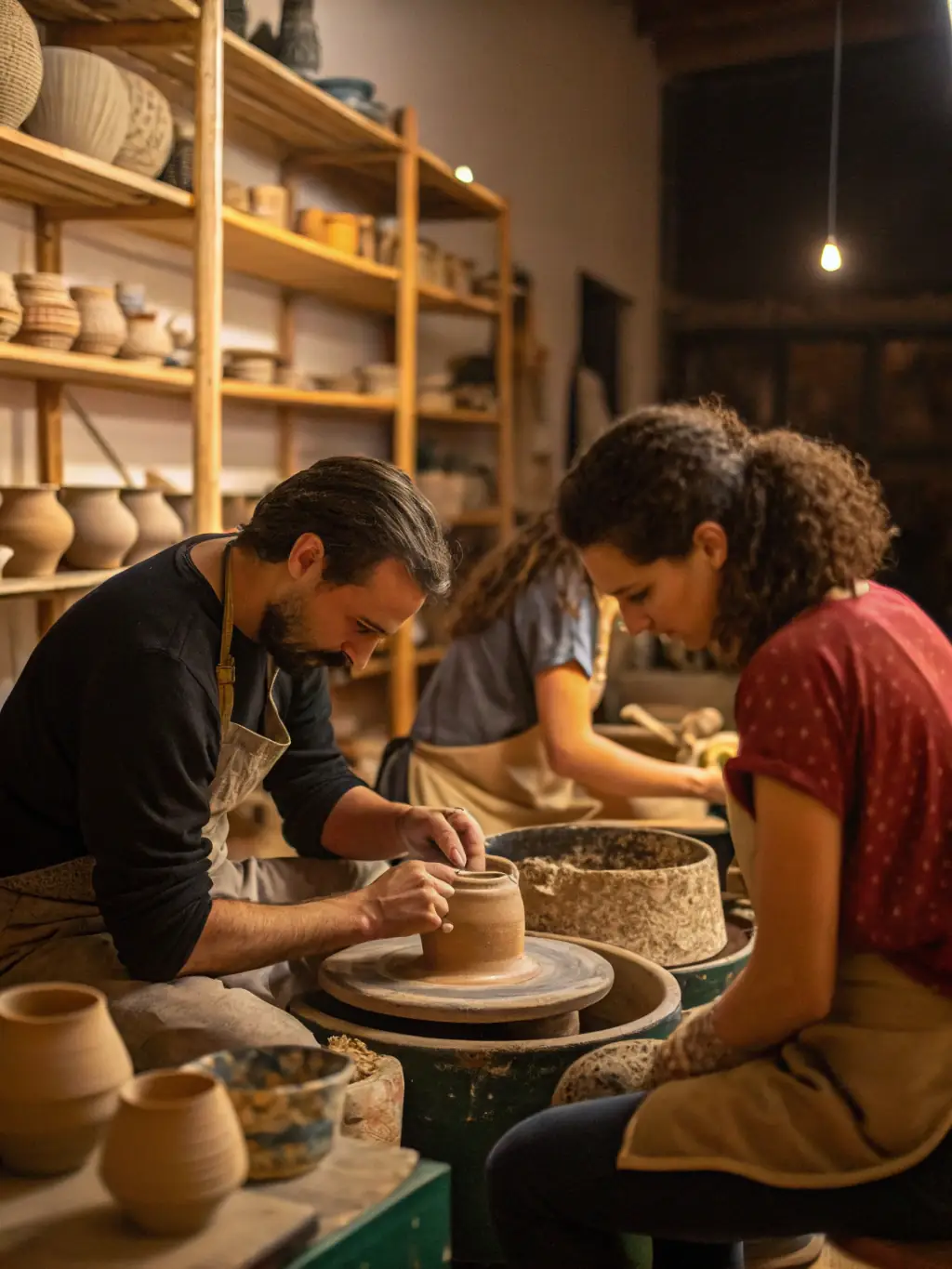 A photograph of a pottery class in session, with participants of various ages focused on shaping clay on pottery wheels, guided by an instructor.