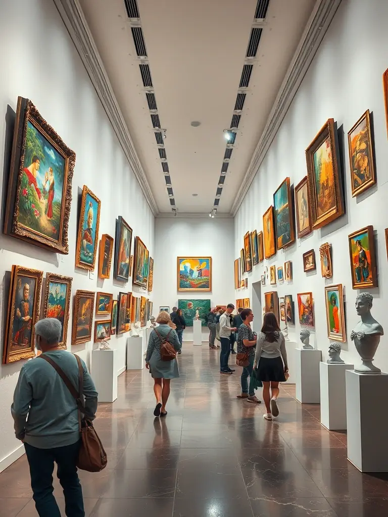 A vibrant art exhibition showcasing paintings, sculptures, and mixed media works by local artists in Rivedoux-Plage, with visitors admiring the diverse artwork.