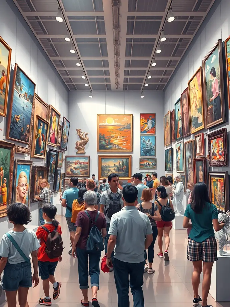 A vibrant gallery space filled with diverse artworks from local artists, with visitors engaging with the pieces.